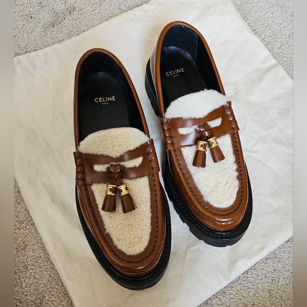 Celine Triomphe Margaret Women's Leather Loafer Shearling 37.5  Lug Sole